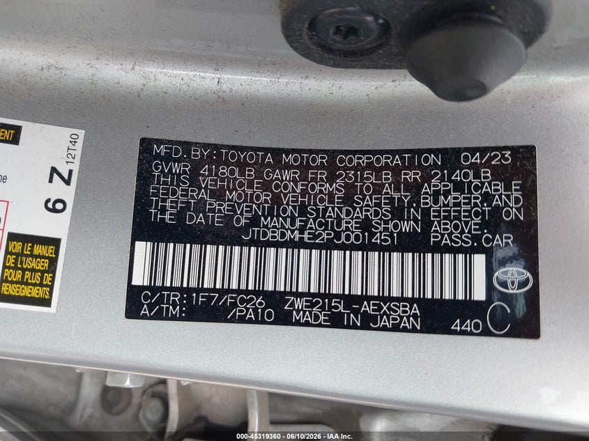 2023 Toyota Corolla VIN JTDBDMHE2PJ001451 IAAI salvage auction — REAR END, Salvage (Pennsylvania), sold $6,600 on 2026-07-10 (photo 9)