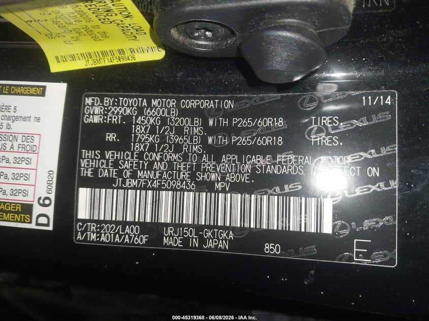 2015 Lexus Gx VIN JTJBM7FX4F5098436 IAAI salvage auction — FRONT END, Salvage Title, sold $6,500 on 2026-07-09 (photo 9)