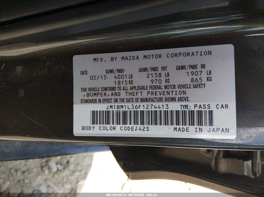 2015 Mazda 3 VIN JM1BM1L36F1274413 IAAI salvage auction — RIGHT FRONT, Salvage Title, sold $875 on 2026-07-29 (photo 9)
