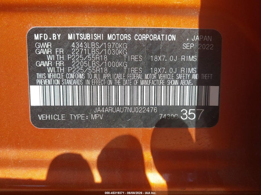 2022 Mitsubishi Outlander VIN JA4ARUAU7NU022476 IAAI salvage auction — FRONT END, Salvage Title, sold $6,500 on 2026-07-12 (photo 9)