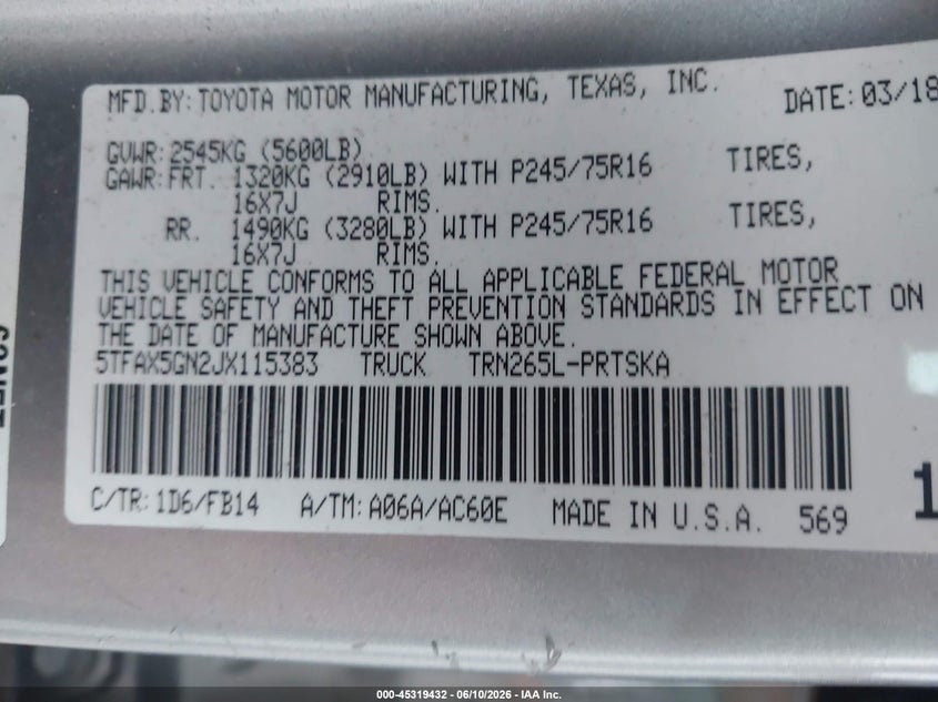 2018 Toyota Tacoma VIN 5TFAX5GN2JX115383 IAAI salvage auction — FRONT END, Salvage Title, sold $3,050 on 2026-07-21 (photo 9)