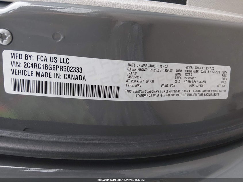 2023 Chrysler Pacifica VIN 2C4RC1BG6PR502333 IAAI salvage auction — SIDE, Salvage (West Virginia), sold $5,200 on 2026-07-22 (photo 9)