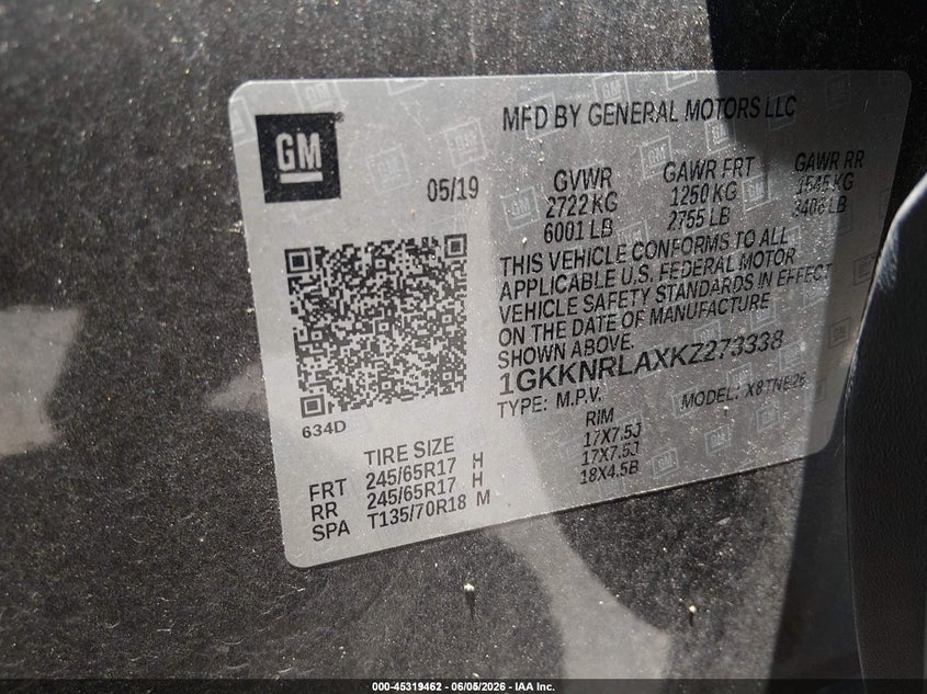 2019 Gmc Acadia VIN 1GKKNRLAXKZ273338 IAAI salvage auction — NORMAL WEAR, Sf97 (North Carolina), sold $11,950 on 2026-08-27 (photo 9)