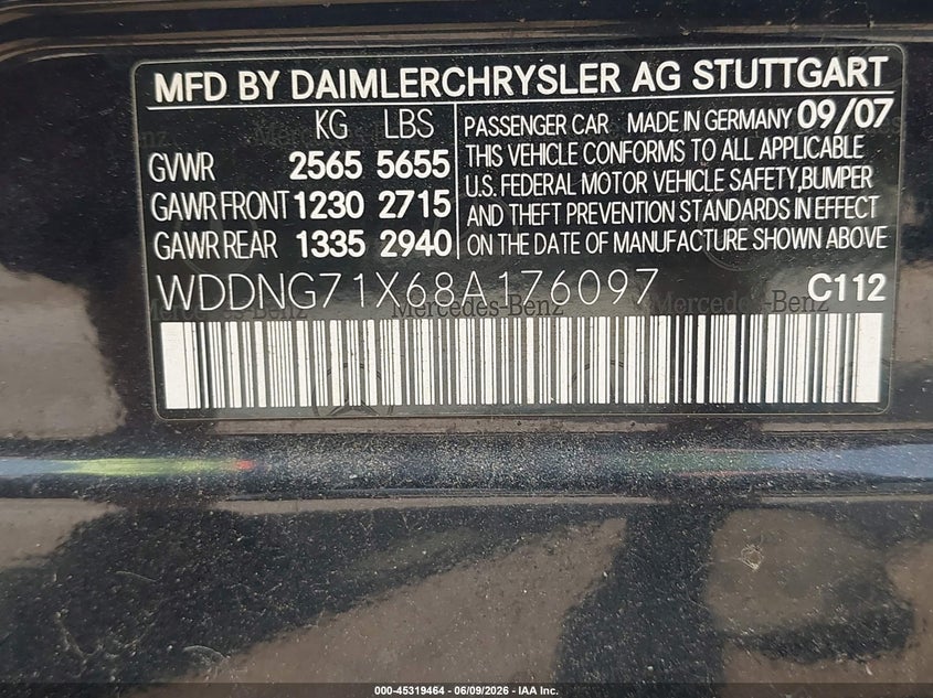 2008 Mercedes-benz S-klasse VIN WDDNG71X68A176097 IAAI salvage auction — SALT WATER, Salvage (Maryland), sold $525 on 2026-07-28 (photo 9)