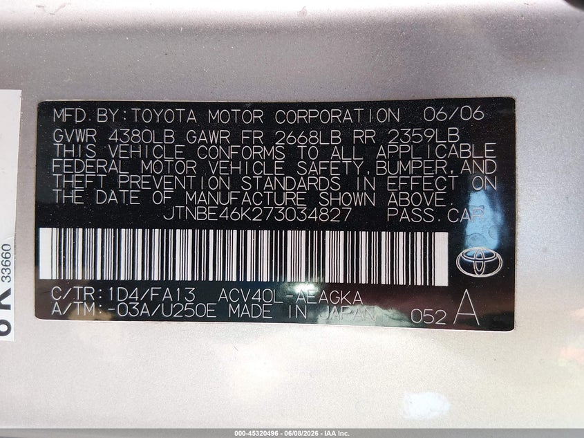 2007 Toyota Camry VIN JTNBE46K273034827 IAAI salvage auction — RIGHT SIDE, Salvage (Nevada), sold $475 on 2026-07-10 (photo 9)