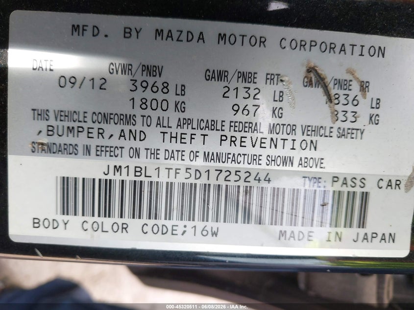2013 Mazda 3 VIN JM1BL1TF5D1725244 IAAI salvage auction — NORMAL WEAR, Original (Texas), sold $825 on 2026-07-13 (photo 9)