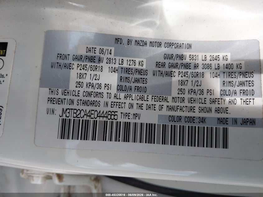 2014 Mazda Cx-9 VIN JM3TB2CA4E0444665 IAAI salvage auction — FRONT END, Salvage Title, sold $1,425 on 2026-07-15 (photo 9)