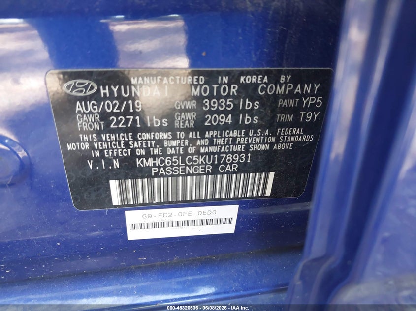 2019 Hyundai Ioniq VIN KMHC65LC5KU178931 IAAI salvage auction — REAR END, Salvage Title, sold $1,200 on 2026-07-28 (photo 9)