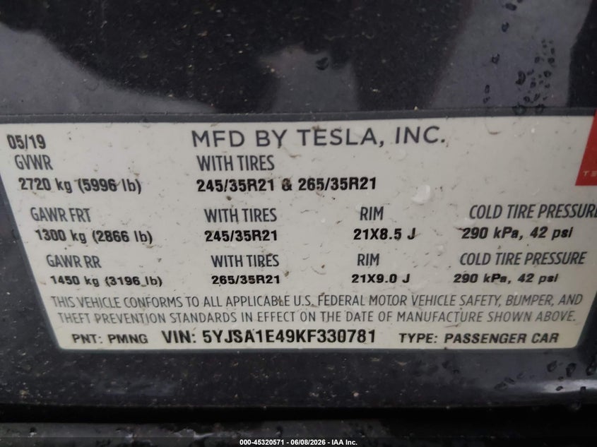 2019 Tesla Model s VIN 5YJSA1E49KF330781 IAAI salvage auction — FRONT END, Salvage (Colorado), sold $8,600 on 2026-07-16 (photo 9)