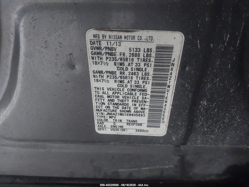 2014 Nissan Murano VIN JN8AZ1MU1EW405693 IAAI salvage auction — REPOSSESSION, Nrc Lienholder Repossession Paperwork (Texas), sold $800 on 2026-07-17 (photo 9)