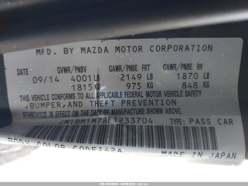 2015 Mazda 3 VIN JM1BM1M78F1233704 IAAI salvage auction — LEFT SIDE, Salvage Title, sold $700 on 2026-07-29 (photo 9)