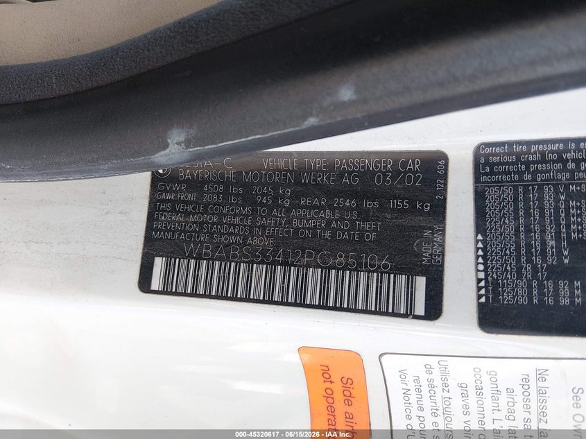 2002 BMW 3 series VIN WBABS33412PG85106 IAAI salvage auction — NORMAL WEAR, Clear (Utah), sold $500 on 2026-07-24 (photo 9)