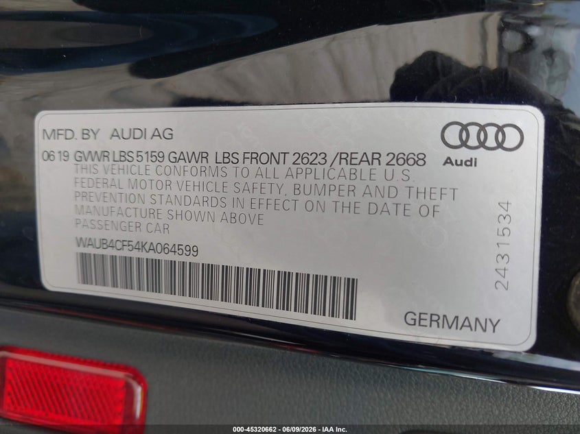 2019 Audi S5 VIN WAUB4CF54KA064599 IAAI salvage auction — REAR END, Mv-907A (New York), sold $7,100 on 2026-07-28 (photo 9)
