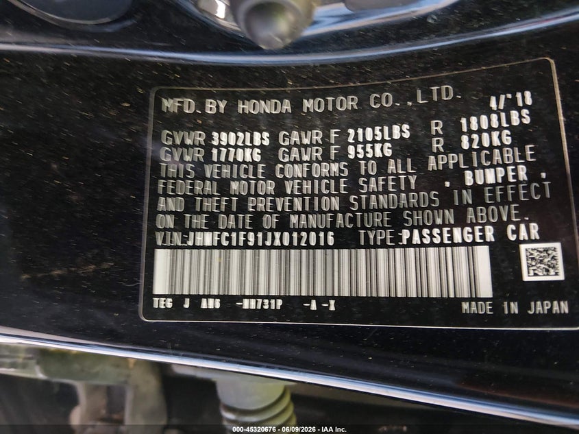 2018 Honda Civic VIN JHMFC1F91JX012016 IAAI salvage auction — ROOF, Salvage Title, sold $25 on 2026-07-16 (photo 9)