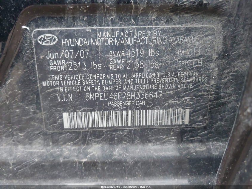 2008 Hyundai Sonata VIN 5NPEU46F28H336647 IAAI salvage auction — FRONT & REAR, Salvage (Ohio), sold $300 on 2026-07-23 (photo 9)