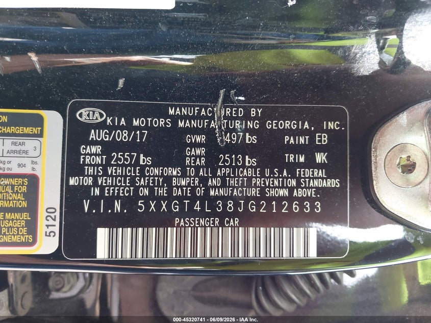 2018 Kia Optima VIN 5XXGT4L38JG212633 IAAI salvage auction — FRONT & REAR, Salvage Title, sold $1,150 on 2026-07-14 (photo 9)