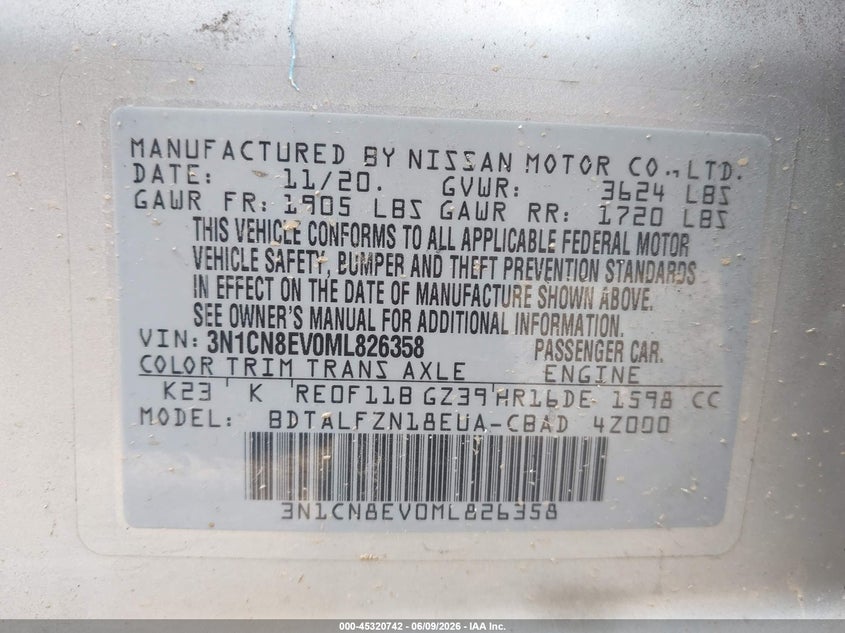 2021 Nissan Versa VIN 3N1CN8EV0ML826358 IAAI salvage auction — LEFT SIDE, Salvage Title, sold $2,300 on 2026-09-05 (photo 9)