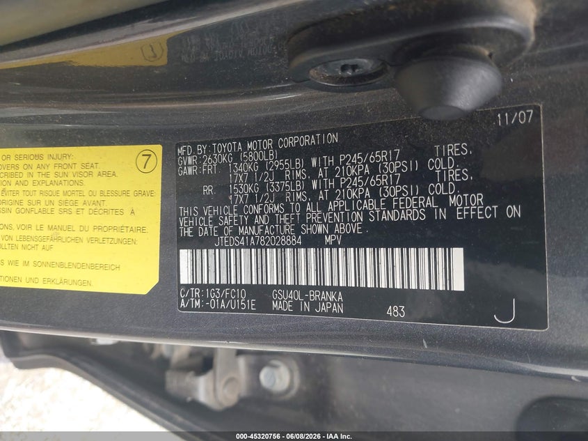 2008 Toyota Highlander VIN JTEDS41A782028884 IAAI salvage auction — LEFT SIDE, Salvage (Georgia), sold $300 on 2026-07-28 (photo 9)