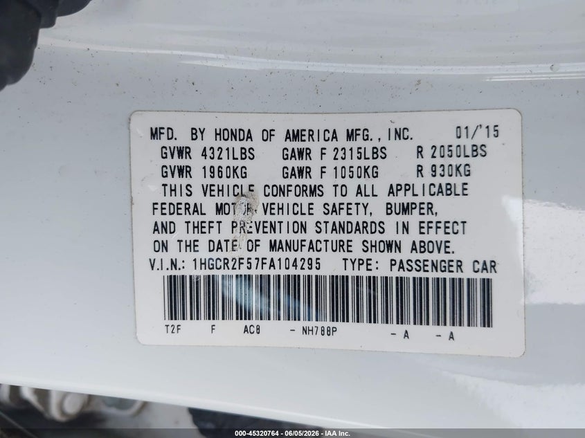 2015 Honda Accord VIN 1HGCR2F57FA104295 IAAI salvage auction — RIGHT REAR, Salvage Title, sold $5,250 on 2026-07-30 (photo 9)