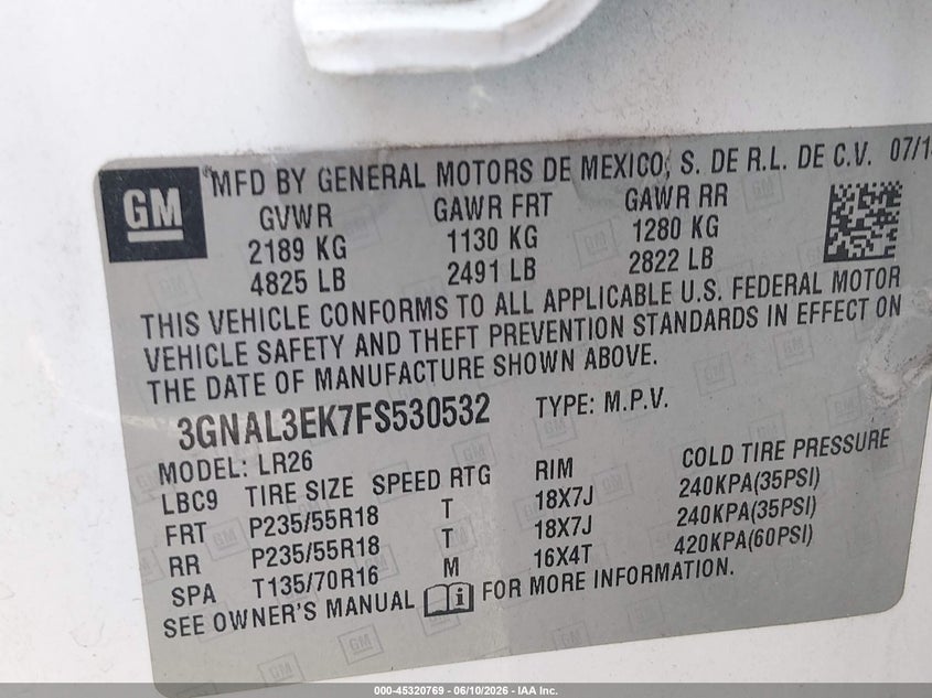 2015 Chevrolet Captiva sport VIN 3GNAL3EK7FS530532 IAAI salvage auction — FRONT END, Original (Kentucky), sold $650 on 2026-07-08 (photo 9)