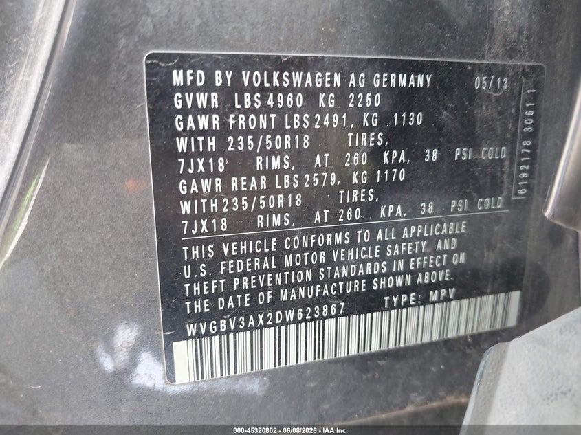 2013 Volkswagen Tiguan VIN WVGBV3AX2DW623867 IAAI salvage auction — LEFT SIDE, Salvage Title, sold $700 on 2026-07-29 (photo 9)