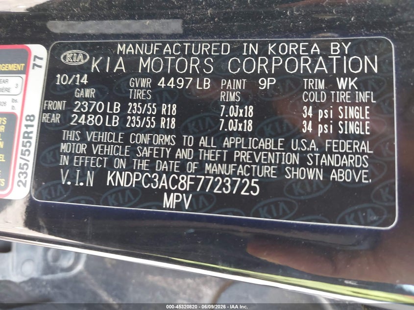 2015 Kia Sportage VIN KNDPC3AC8F7723725 IAAI salvage auction — FRONT END, Salvage Title, sold $2,800 on 2026-07-15 (photo 9)
