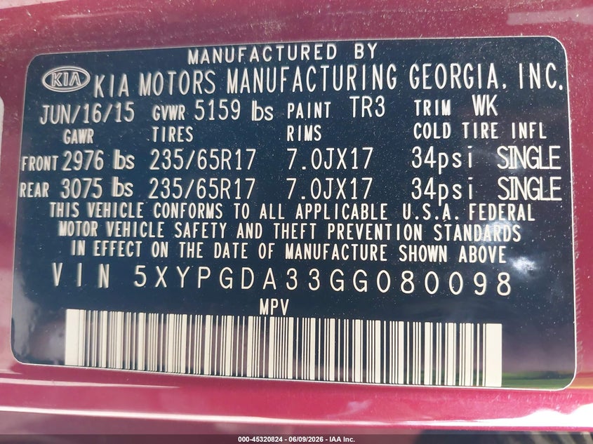 2016 Kia Sorento VIN 5XYPGDA33GG080098 IAAI salvage auction — RIGHT FRONT, Salvage Title, sold $875 on 2026-07-23 (photo 9)