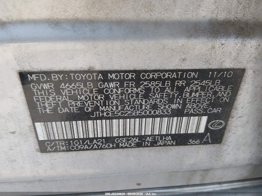 2011 Lexus Is 350 VIN JTHCE5C25B5000833 IAAI salvage auction — FRONT END, Salvage (Pennsylvania), sold $125 on 2026-07-14 (photo 9)