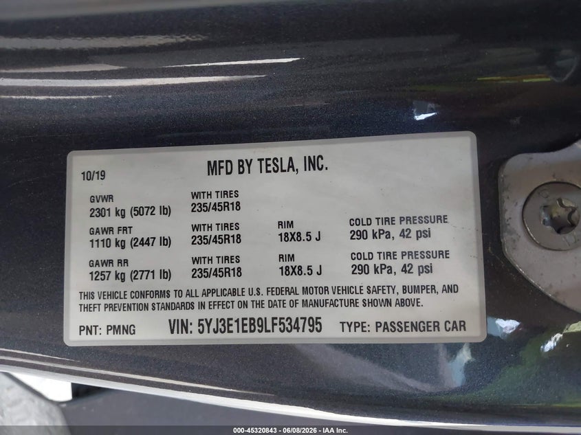 2020 Tesla Model 3 VIN 5YJ3E1EB9LF534795 IAAI salvage auction — REAR END, Salvage (Texas), sold $6,300 on 2026-07-30 (photo 9)