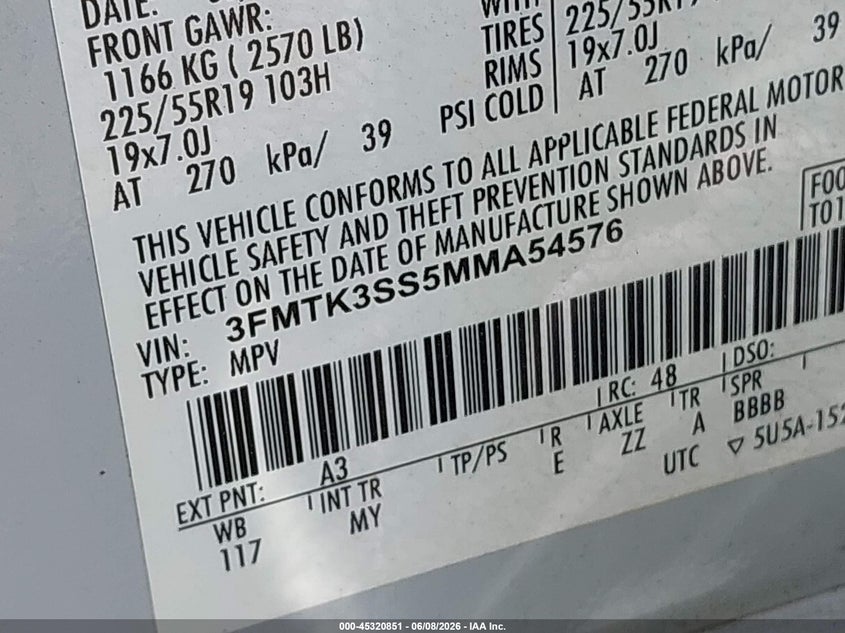 2021 Ford Mustang mach-e VIN 3FMTK3SS5MMA54576 IAAI salvage auction — REAR END, Salvage Title, sold $9,350 on 2026-08-20 (photo 9)