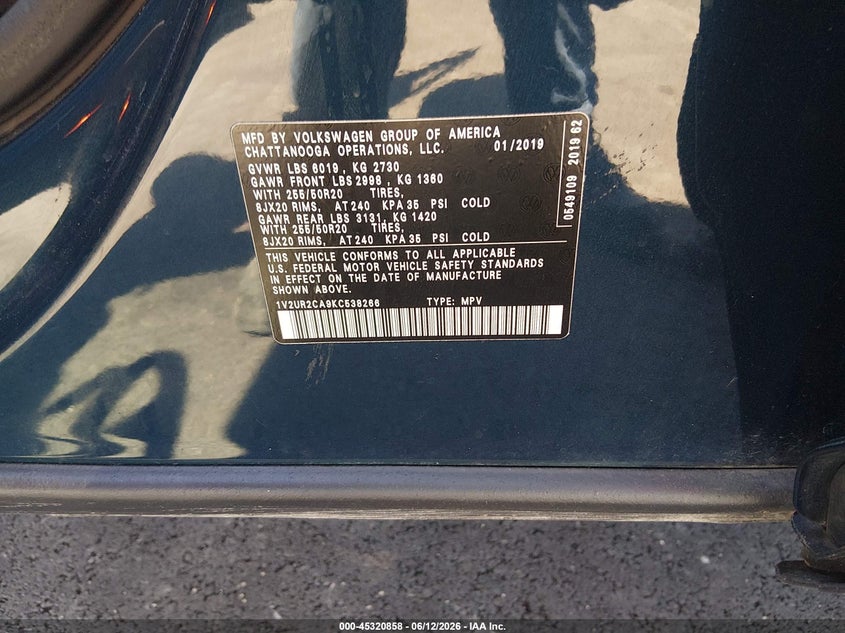 2019 Volkswagen Atlas VIN 1V2UR2CA9KC538266 IAAI salvage auction — FRONT END, Salvage Title, sold $2,200 on 2026-08-13 (photo 9)