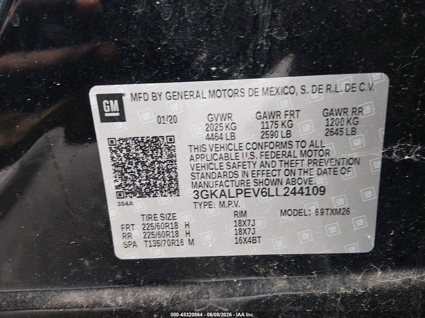 2020 Gmc Terrain VIN 3GKALPEV6LL244109 IAAI salvage auction — LEFT REAR, Salvage Title, sold $4,900 on 2026-07-28 (photo 9)