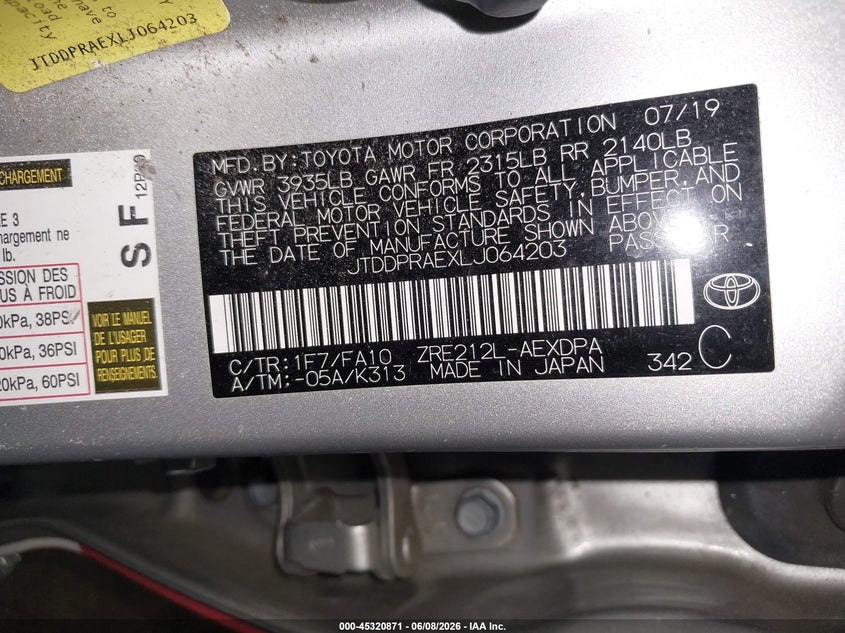 2020 Toyota Corolla VIN JTDDPRAEXLJ064203 IAAI salvage auction — FRONT END, Salvage Title, sold $1,600 on 2026-07-16 (photo 9)