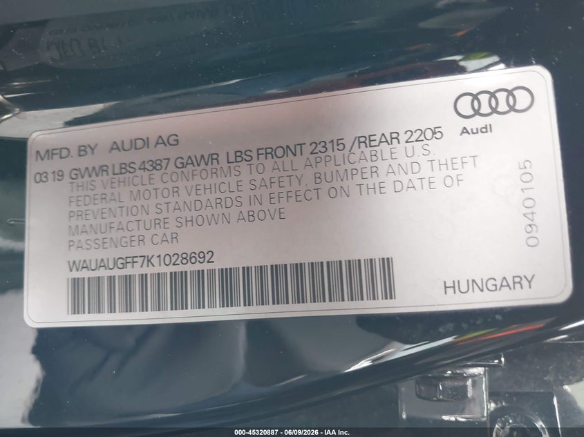2019 Audi A3 VIN WAUAUGFF7K1028692 IAAI salvage auction — REAR END, Salvage Title, sold $5,450 on 2026-07-16 (photo 9)