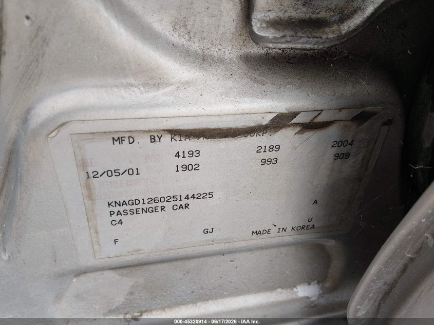2002 Kia Optima VIN KNAGD126025144225 IAAI salvage auction — FRONT END, Salvage (Louisiana), sold $25 on 2026-07-22 (photo 9)