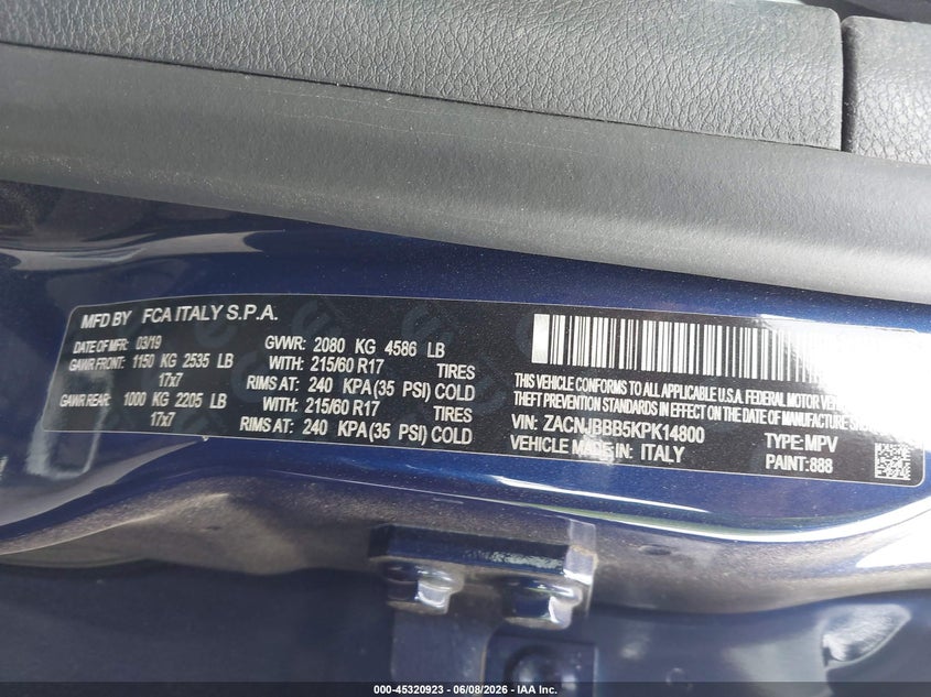 2019 Jeep Renegade VIN ZACNJBBB5KPK14800 IAAI salvage auction — FRONT & REAR, Salvage Title, sold $1,050 on 2026-07-07 (photo 9)
