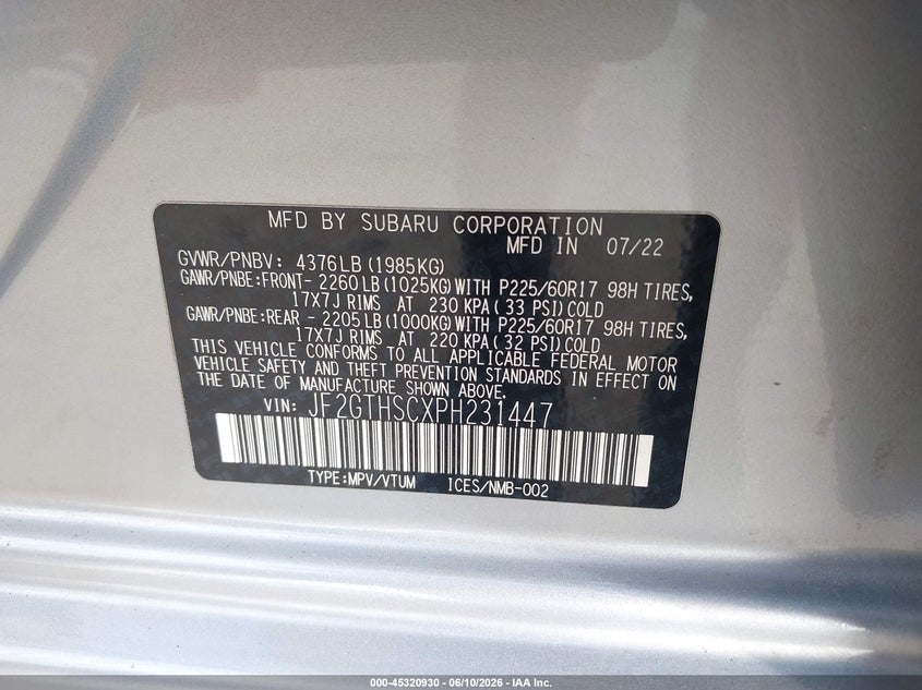 2023 Subaru Xv VIN JF2GTHSCXPH231447 IAAI salvage auction — REAR END, Salvage (Pennsylvania), sold $4,950 on 2026-07-24 (photo 9)