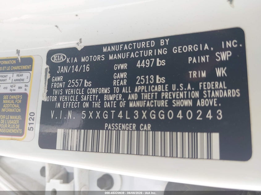 2016 Kia Optima VIN 5XXGT4L3XGG040243 IAAI salvage auction — RIGHT SIDE, Salvage Title, sold $600 on 2026-07-29 (photo 9)
