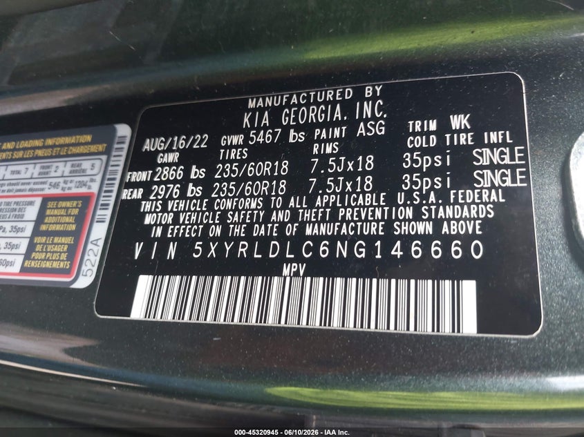 2022 Kia Sorento VIN 5XYRLDLC6NG146660 IAAI salvage auction — REAR END, Salvage Title, sold $6,300 on 2026-07-22 (photo 9)