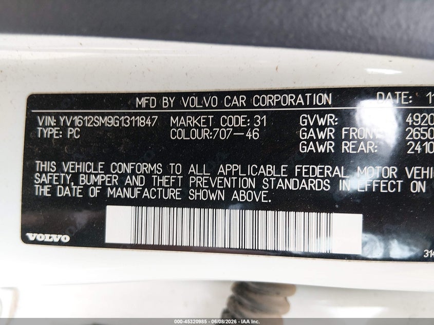 2016 Volvo V60 VIN YV1612SM9G1311847 IAAI salvage auction — FRONT END, Salvage (Idaho), sold $1,375 on 2026-08-06 (photo 9)