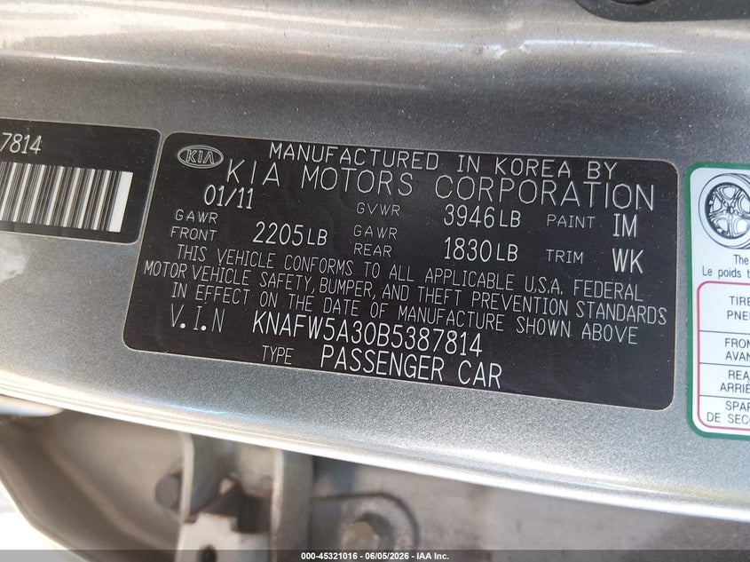 2011 Kia Forte VIN KNAFW5A30B5387814 IAAI salvage auction — NORMAL WEAR, Clear (Pennsylvania), sold $650 on 2026-07-10 (photo 9)