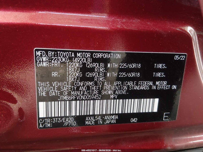 2022 Toyota Rav 4 VIN JTMB6RFV0ND059452 IAAI salvage auction — REAR END, Salvage Title, sold $12,000 on 2026-07-27 (photo 9)