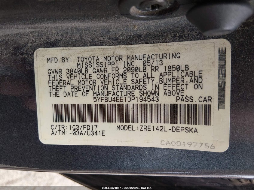 2013 Toyota Corolla VIN 5YFBU4EE1DP194543 IAAI salvage auction — FRONT END, Salvage (Georgia), sold $2,200 on 2026-07-16 (photo 9)
