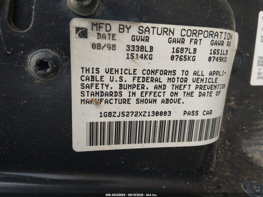 1999 Saturn Sl2 VIN 1G8ZJ5272XZ130003 IAAI salvage auction — NORMAL WEAR, Clear (Virginia), sold $200 on 2026-07-10 (photo 9)