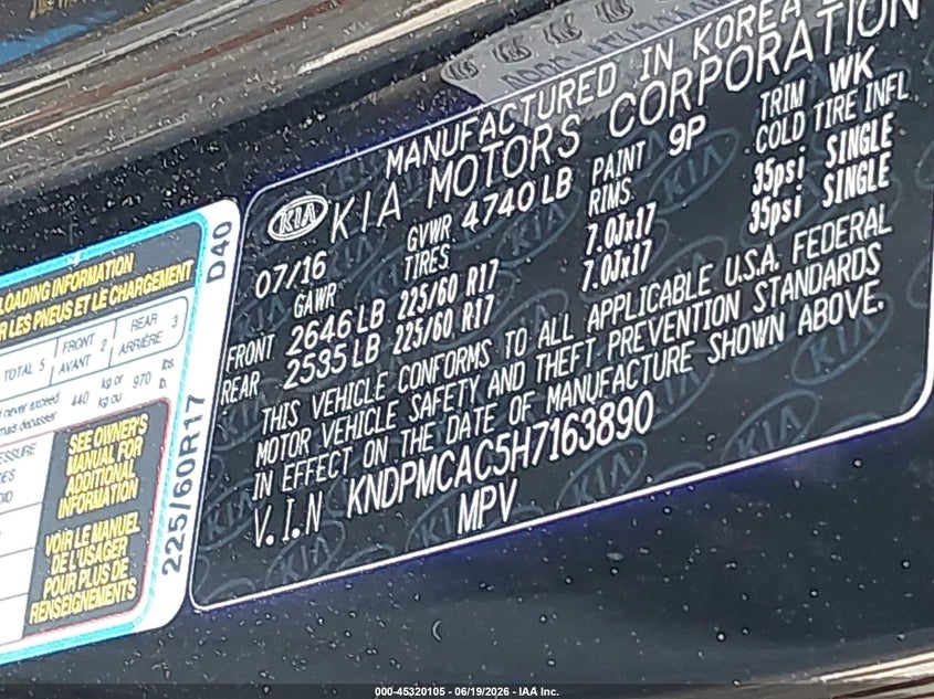 2017 Kia Sportage VIN KNDPMCAC5H7163890 IAAI salvage auction — FRONT & REAR, Salvage (Connecticut), sold $2,050 on 2026-07-28 (photo 9)