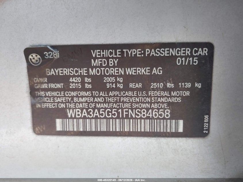 2015 BMW 3er VIN WBA3A5G51FNS84658 IAAI salvage auction — FRONT END, Salvage (Alabama), sold $1,150 on 2026-07-15 (photo 9)