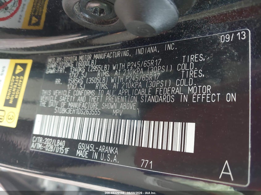 2013 Toyota Highlander VIN 5TDBK3EH1DS263555 IAAI salvage auction — ROOF, Salvage (Alabama), sold $2,200 on 2026-07-29 (photo 9)