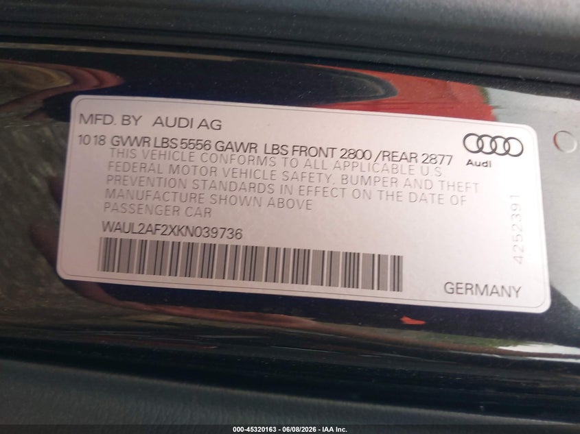 2019 Audi A6 VIN WAUL2AF2XKN039736 IAAI salvage auction — LEFT FRONT, Salvage Title, sold $11,500 on 2026-07-15 (photo 9)
