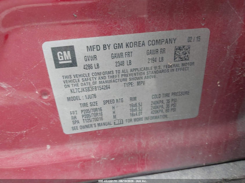 2015 Chevrolet Trax VIN KL7CJKSB3FB154264 IAAI salvage auction — NORMAL WEAR, Clear (North Carolina), sold $250 on 2026-07-22 (photo 9)