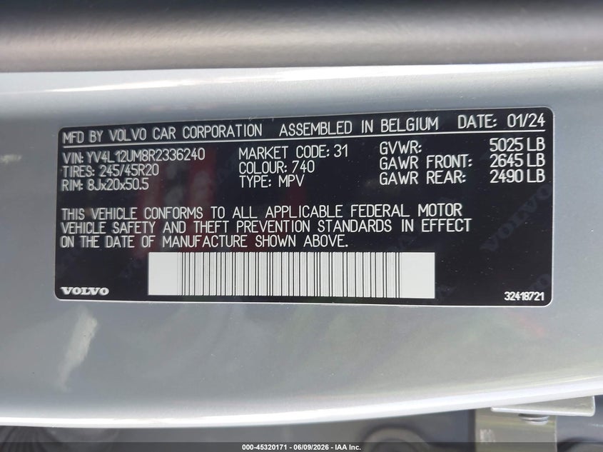 2024 Volvo Xc40 VIN YV4L12UM8R2336240 IAAI salvage auction — FRONT END, Salvage Title, sold $8,000 on 2026-07-30 (photo 9)